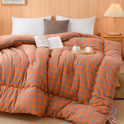易展2025新款无印水洗棉格子大豆冬被 浅格橙