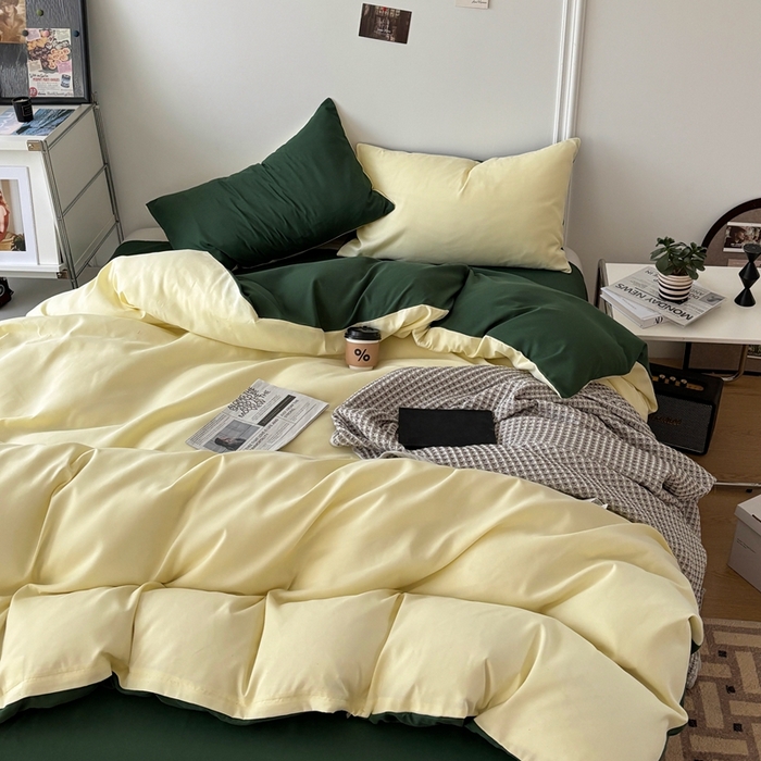 91家纺网 家纺一手货源 找家纺 百花王 2025新款纯色四件套 豆绿牛乳