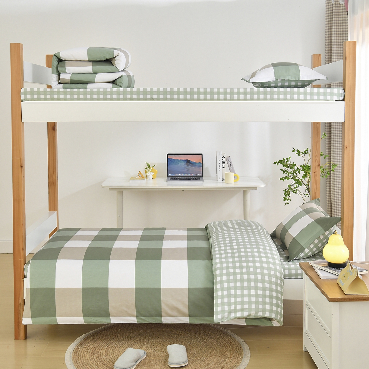 91家纺网 家纺一手货源 找家纺 乐旗家纺 2025新款全棉床笠款学生上下铺宿舍三件套六件套 校园笔记-绿