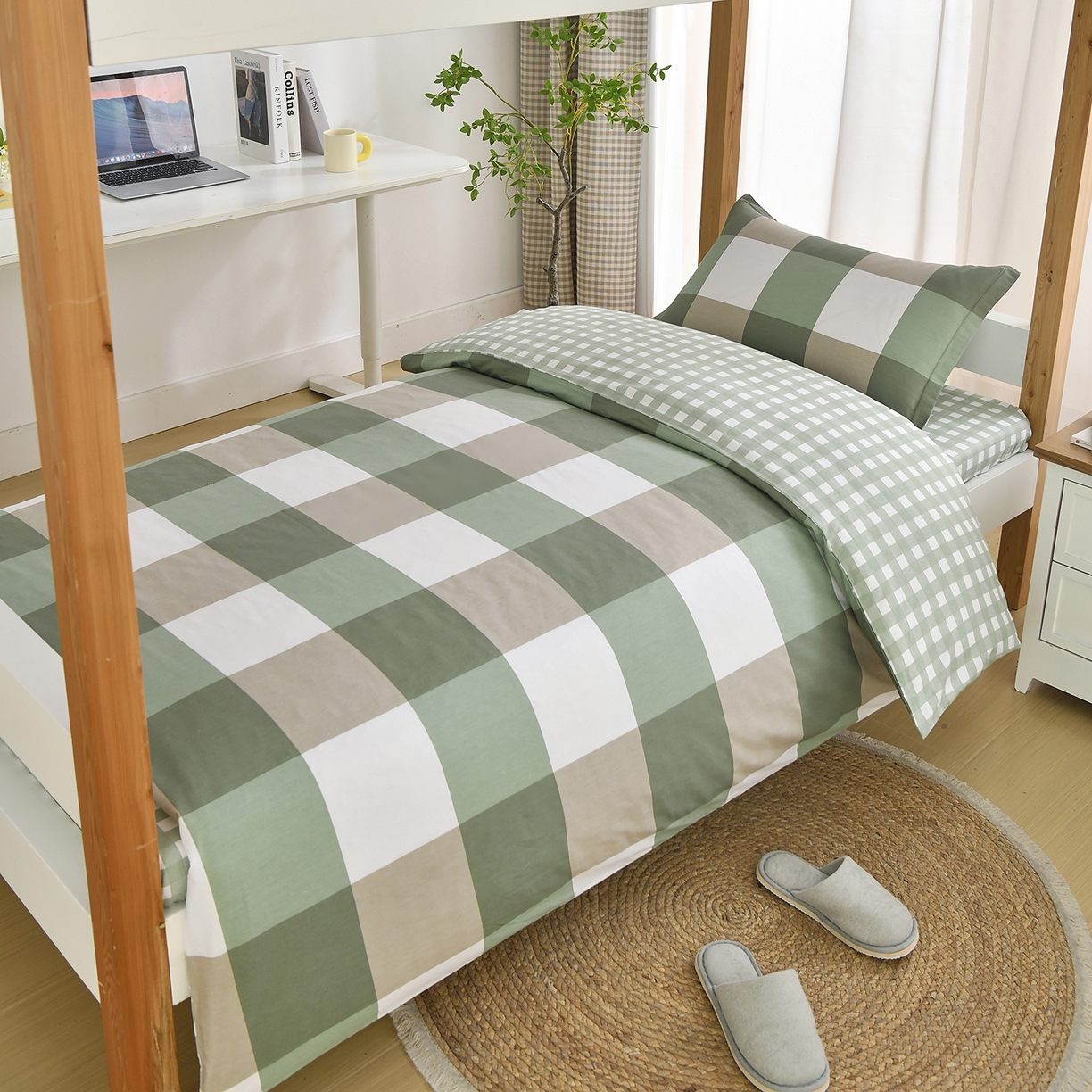 91家纺网 家纺一手货源 找家纺 乐旗家纺 2025新款全棉床笠款学生上下铺宿舍三件套六件套 校园笔记-绿