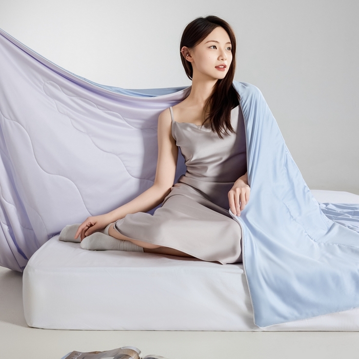 91家纺网 家纺一手货源 找家纺 丽卡家纺2025新款冰丽丝锦氨凉感夏被子被芯 淡雅紫+天空蓝