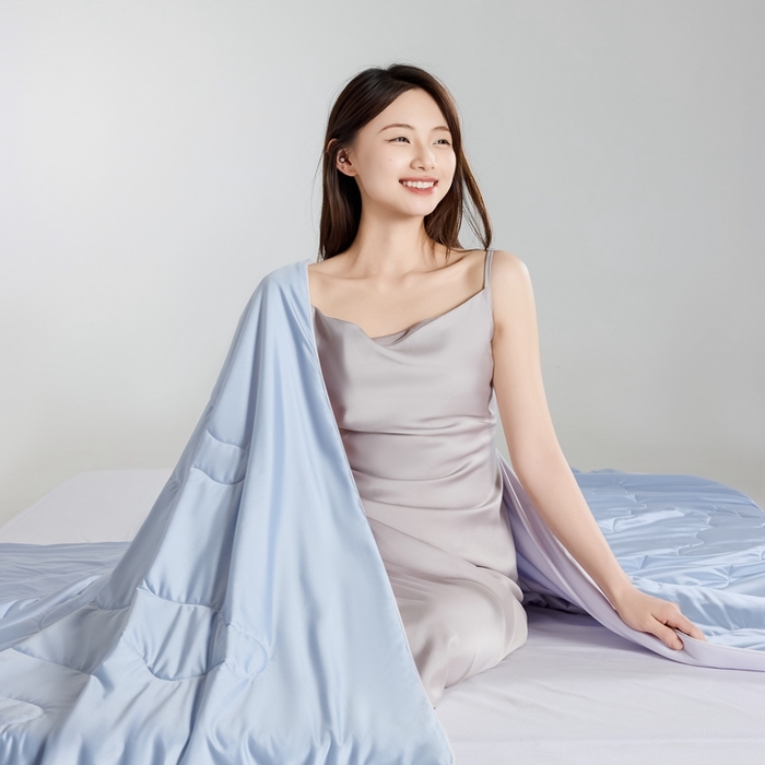 91家纺网 家纺一手货源 找家纺 丽卡家纺2025新款冰丽丝锦氨凉感夏被子被芯 淡雅紫+天空蓝