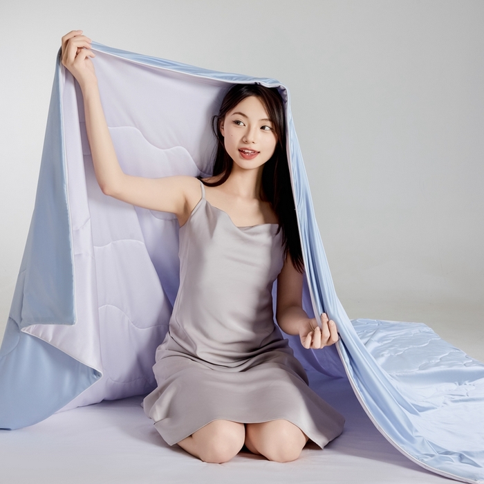 91家纺网 家纺一手货源 找家纺 丽卡家纺2025新款冰丽丝锦氨凉感夏被子被芯 淡雅紫+天空蓝