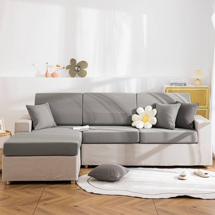 91家纺网 家纺一手货源 找家纺 沐沐家纺 2026新款苏茉小方格防水沙发笠 苏茉防水-浅中灰