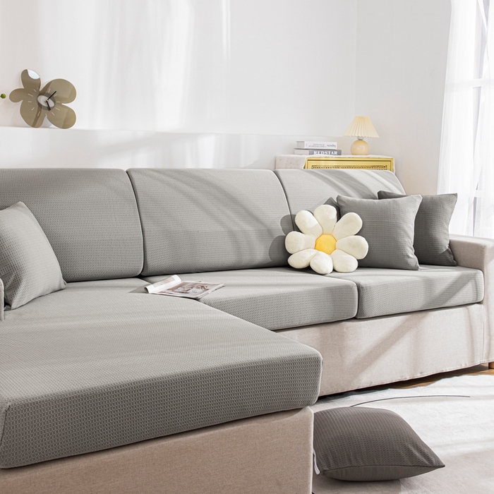 91家纺网 家纺一手货源 找家纺 沐沐家纺 2026新款苏茉小方格防水沙发笠 苏茉防水-浅中灰