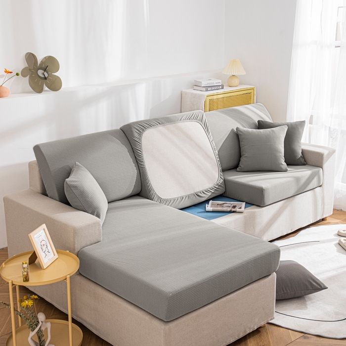 91家纺网 家纺一手货源 找家纺 沐沐家纺 2026新款苏茉小方格防水沙发笠 苏茉防水-浅中灰