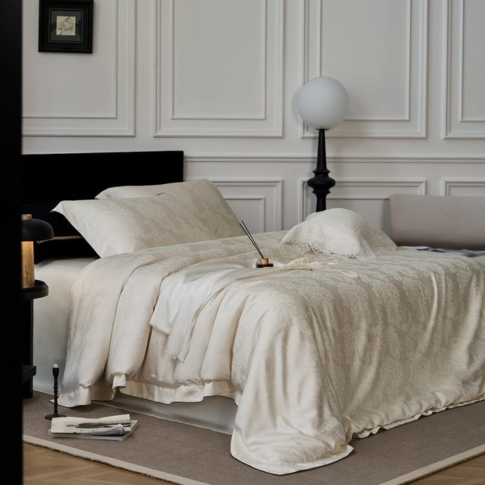 91家纺网 家纺一手货源 找家纺 涞澳家纺 2025新款天丝提花四件套 芳庭-月光白