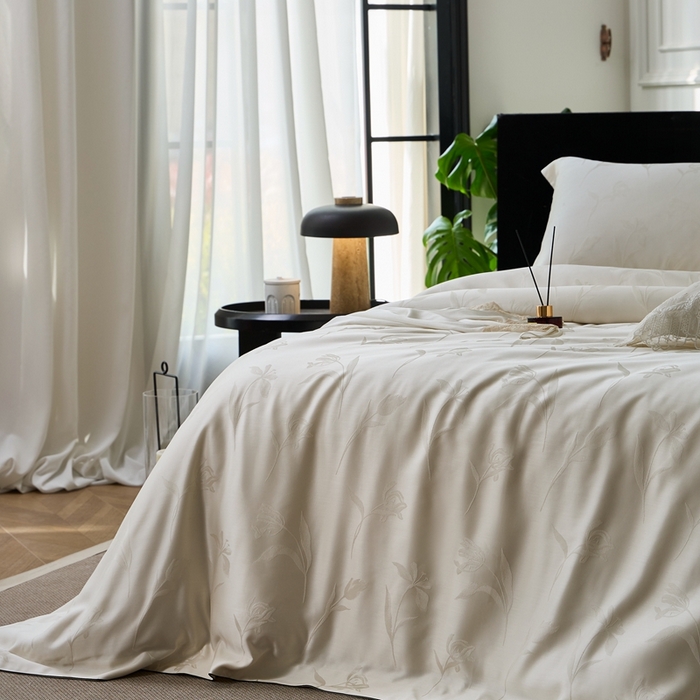 91家纺网 家纺一手货源 找家纺 涞澳家纺 2025新款天丝提花四件套 叶茂-白