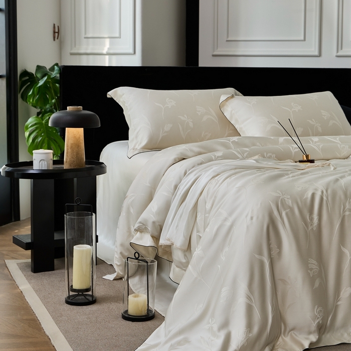 91家纺网 家纺一手货源 找家纺 涞澳家纺 2025新款天丝提花四件套 叶茂-白