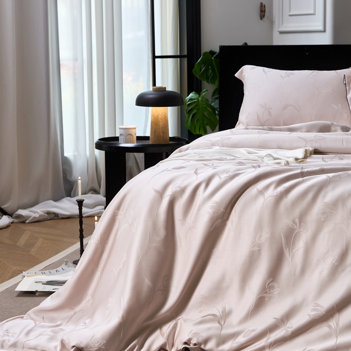 91家纺网 家纺一手货源 找家纺 涞澳家纺 2025新款天丝提花四件套 叶茂-粉