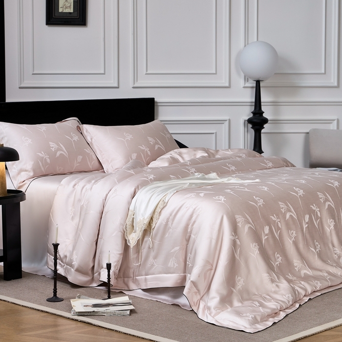 91家纺网 家纺一手货源 找家纺 涞澳家纺 2025新款天丝提花四件套 叶茂-粉