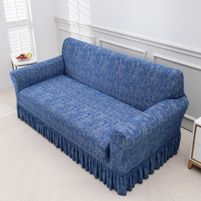 91家纺网 家纺一手货源 找家纺 兴妮雅家纺 2025新款冯赛英花边沙发套 亚麻蓝