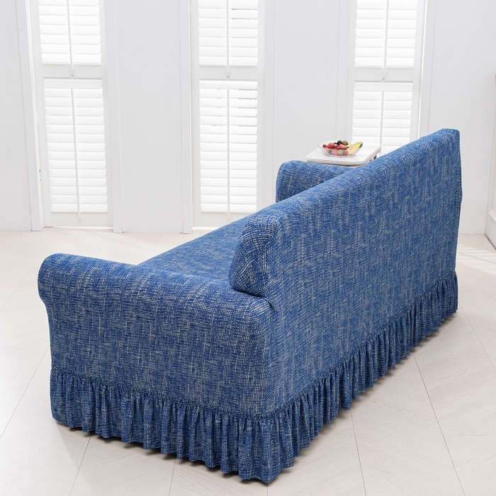 91家纺网 家纺一手货源 找家纺 兴妮雅家纺 2025新款冯赛英花边沙发套 亚麻蓝