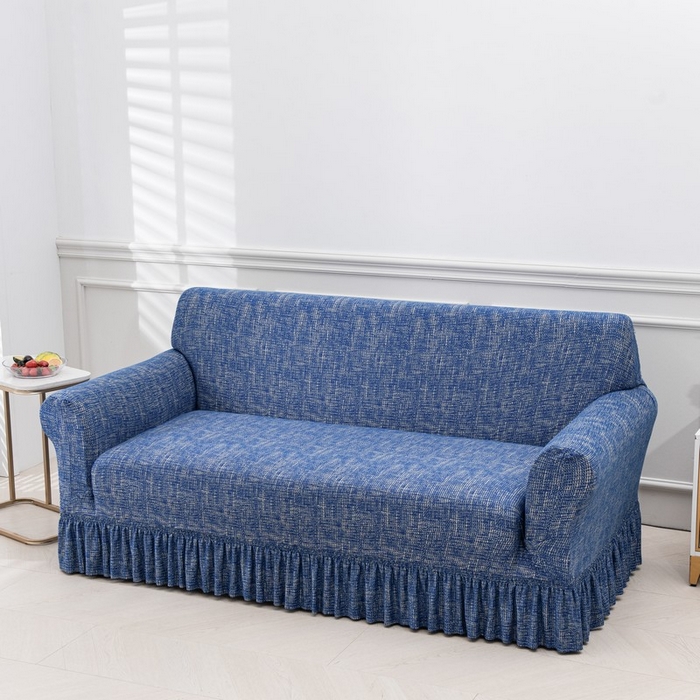 91家纺网 家纺一手货源 找家纺 兴妮雅家纺 2025新款冯赛英花边沙发套 亚麻蓝