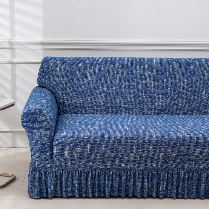 91家纺网 家纺一手货源 找家纺 兴妮雅家纺 2025新款冯赛英花边沙发套 亚麻蓝