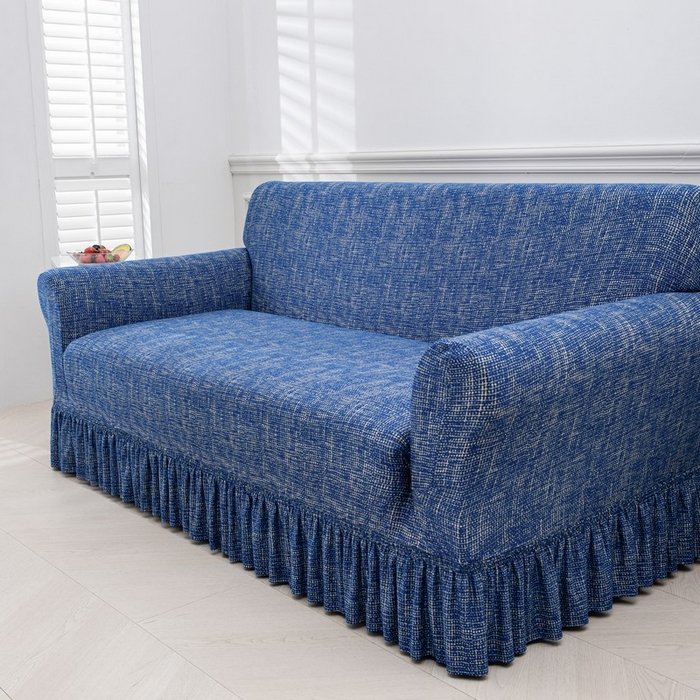 91家纺网 家纺一手货源 找家纺 兴妮雅家纺 2025新款冯赛英花边沙发套 亚麻蓝