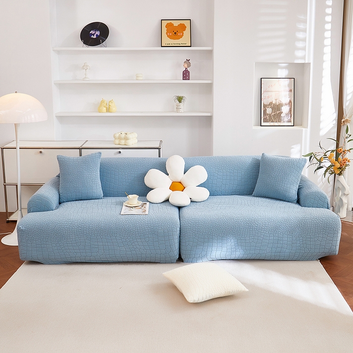 丝绮鹿 2025新款雕花绒水立方沙发套松紧款（直排图） 淡蓝
