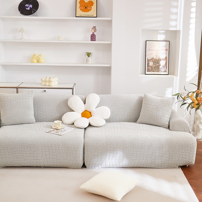 91家纺网 家纺一手货源 找家纺 丝绮鹿 2025新款雕花绒水立方沙发套松紧款（直排图） 浅灰