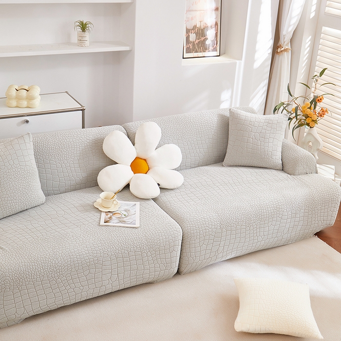 91家纺网 家纺一手货源 找家纺 丝绮鹿 2025新款雕花绒水立方沙发套松紧款（直排图） 浅灰