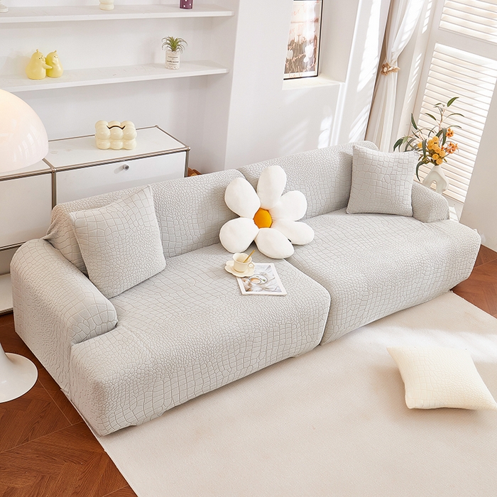 91家纺网 家纺一手货源 找家纺 丝绮鹿 2025新款雕花绒水立方沙发套松紧款（直排图） 浅灰