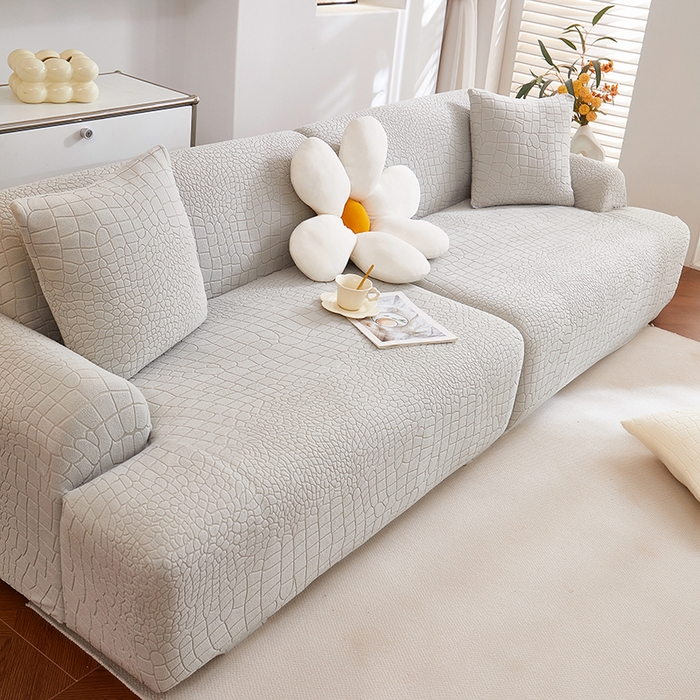 91家纺网 家纺一手货源 找家纺 丝绮鹿 2025新款雕花绒水立方沙发套松紧款（直排图） 浅灰