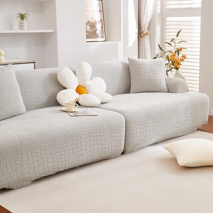 91家纺网 家纺一手货源 找家纺 丝绮鹿 2025新款雕花绒水立方沙发套松紧款（直排图） 浅灰
