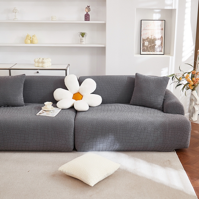 91家纺网 家纺一手货源 找家纺 丝绮鹿 2025新款雕花绒水立方沙发套松紧款（直排图） 深灰