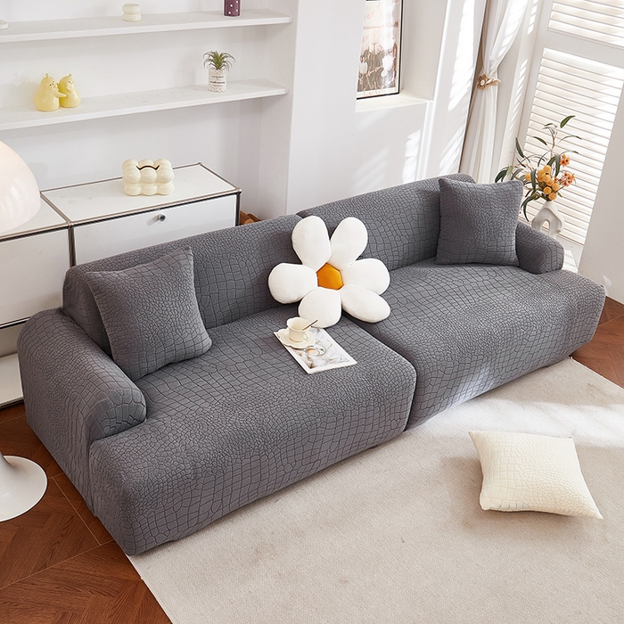 91家纺网 家纺一手货源 找家纺 丝绮鹿 2025新款雕花绒水立方沙发套松紧款（直排图） 深灰