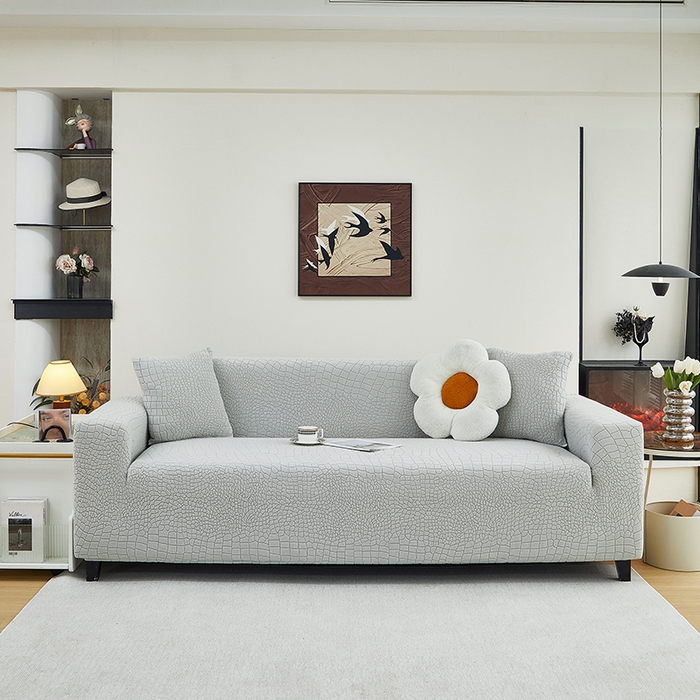丝绮鹿 2025新款雕花绒水立方沙发套松紧款（三人图） 浅灰
