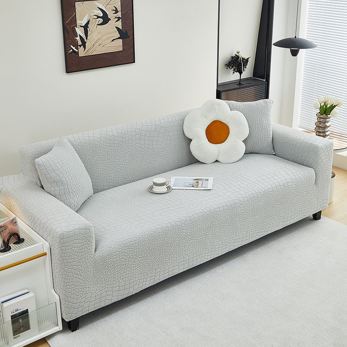 91家纺网 家纺一手货源 找家纺 丝绮鹿 2025新款雕花绒水立方沙发套松紧款（三人图） 浅灰