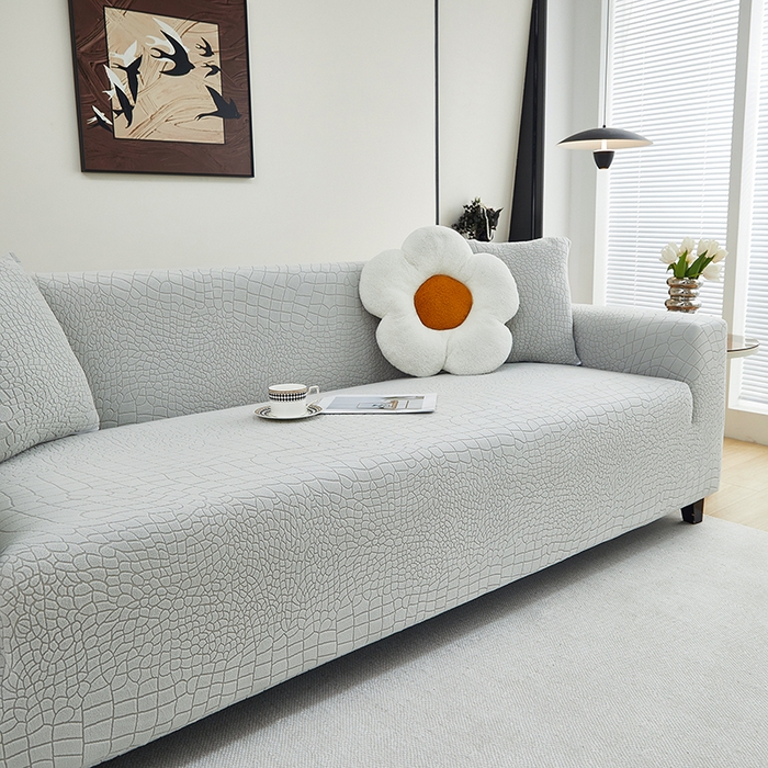 91家纺网 家纺一手货源 找家纺 丝绮鹿 2025新款雕花绒水立方沙发套松紧款（三人图） 浅灰