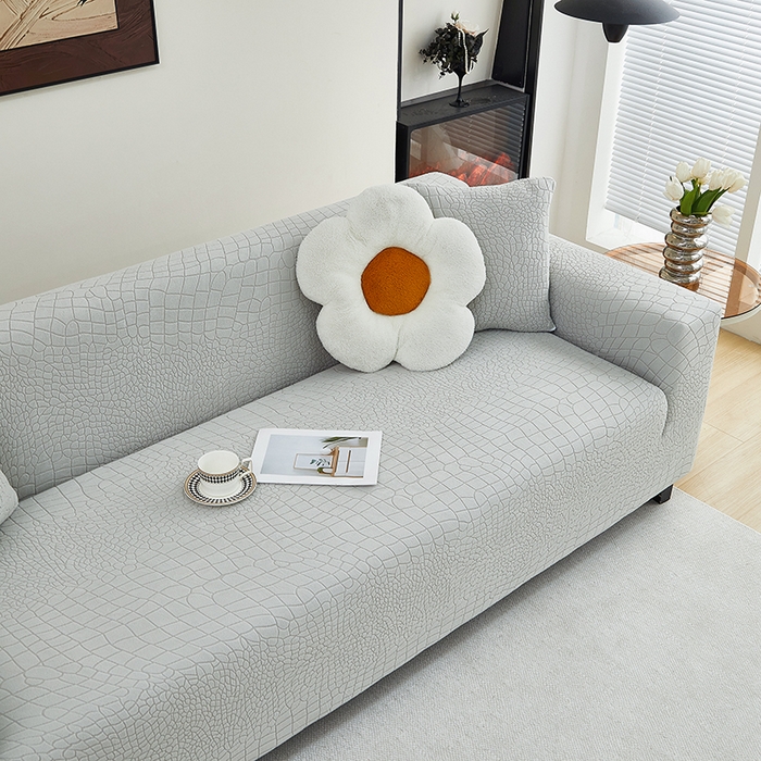 91家纺网 家纺一手货源 找家纺 丝绮鹿 2025新款雕花绒水立方沙发套松紧款（三人图） 浅灰