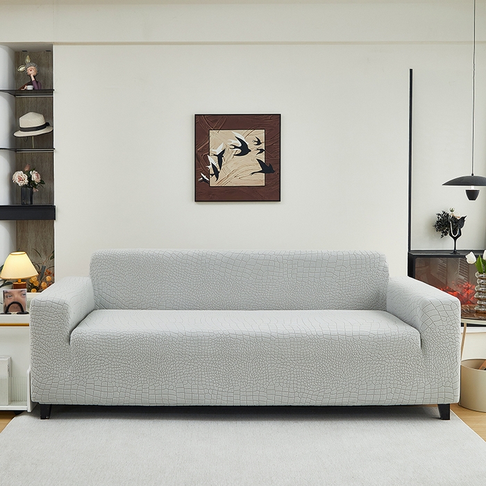 91家纺网 家纺一手货源 找家纺 丝绮鹿 2025新款雕花绒水立方沙发套松紧款（三人图） 浅灰