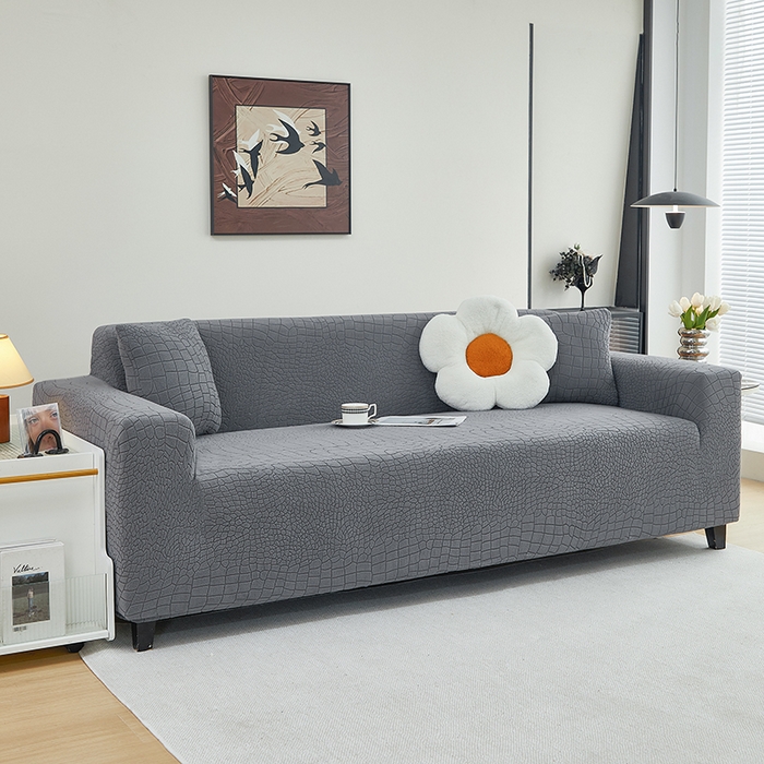 91家纺网 家纺一手货源 找家纺 丝绮鹿 2025新款雕花绒水立方沙发套松紧款（三人图） 深灰