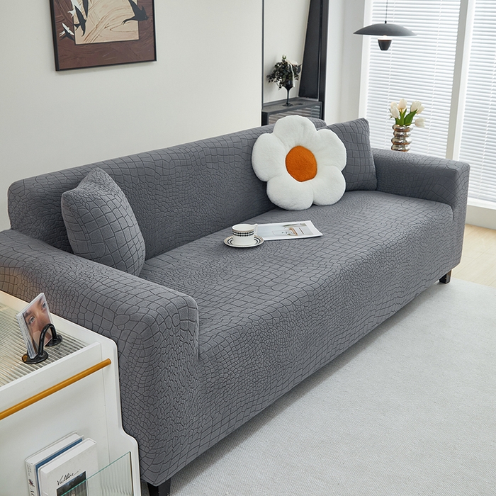 91家纺网 家纺一手货源 找家纺 丝绮鹿 2025新款雕花绒水立方沙发套松紧款（三人图） 深灰