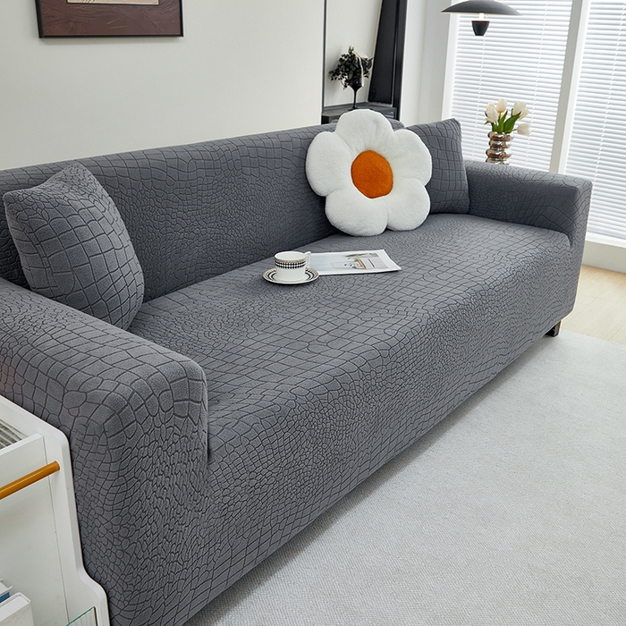 91家纺网 家纺一手货源 找家纺 丝绮鹿 2025新款雕花绒水立方沙发套松紧款（三人图） 深灰