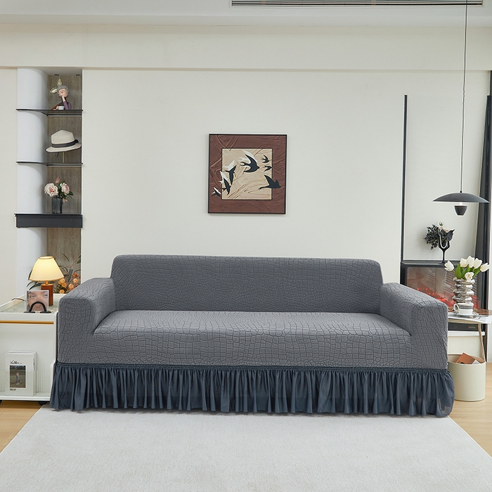 91家纺网 家纺一手货源 找家纺 （总）丝绮鹿 2025新款雕花绒水立方沙发套裙边款（三人图）