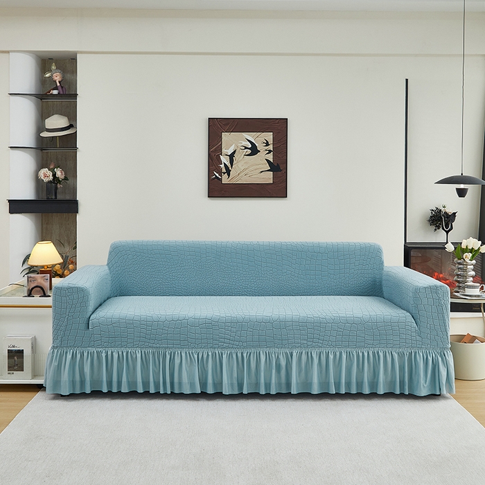 丝绮鹿 2025新款雕花绒水立方沙发套裙边款（三人图） 淡蓝