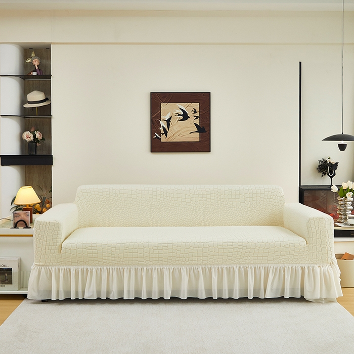 丝绮鹿 2025新款雕花绒水立方沙发套裙边款（三人图） 米白