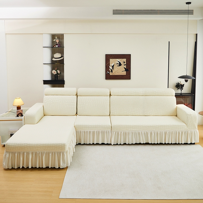 丝绮鹿 2025新款雕花绒水立方沙发套裙边款（贵妃图） 米白