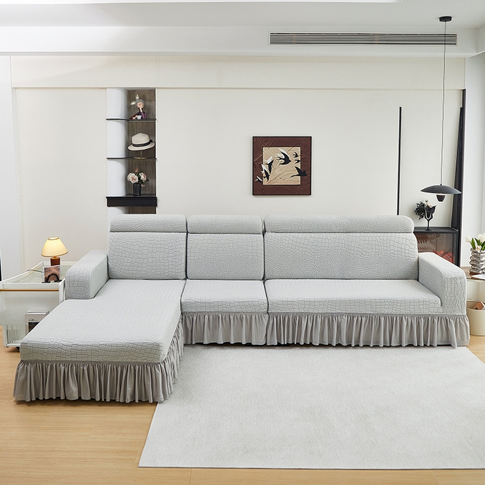 丝绮鹿 2025新款雕花绒水立方沙发套裙边款（贵妃图） 浅灰