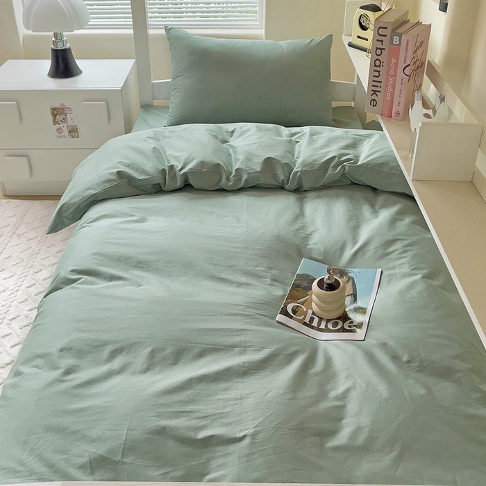 91家纺网 家纺一手货源 找家纺 泽西家纺+V17798841158发大图 2025新款A类全棉简约风大学生宿舍双拼纯色纯棉三件套 豆绿