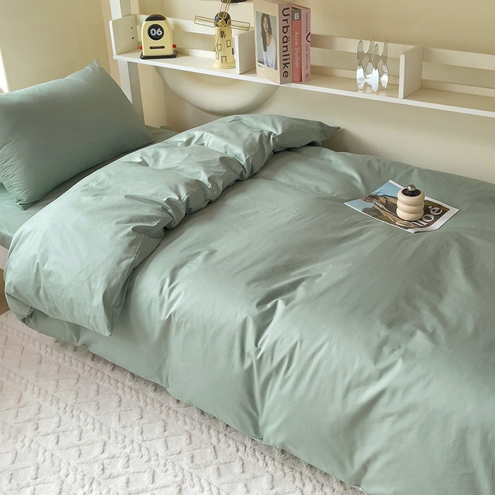 91家纺网 家纺一手货源 找家纺 泽西家纺+V17798841158发大图 2025新款A类全棉简约风大学生宿舍双拼纯色纯棉三件套 豆绿