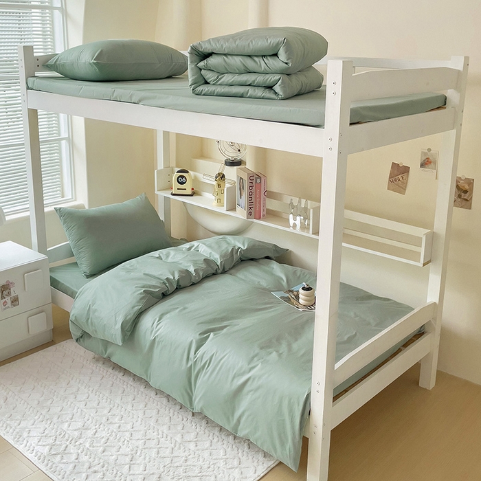 91家纺网 家纺一手货源 找家纺 泽西家纺+V17798841158发大图 2025新款A类全棉简约风大学生宿舍双拼纯色纯棉三件套 豆绿