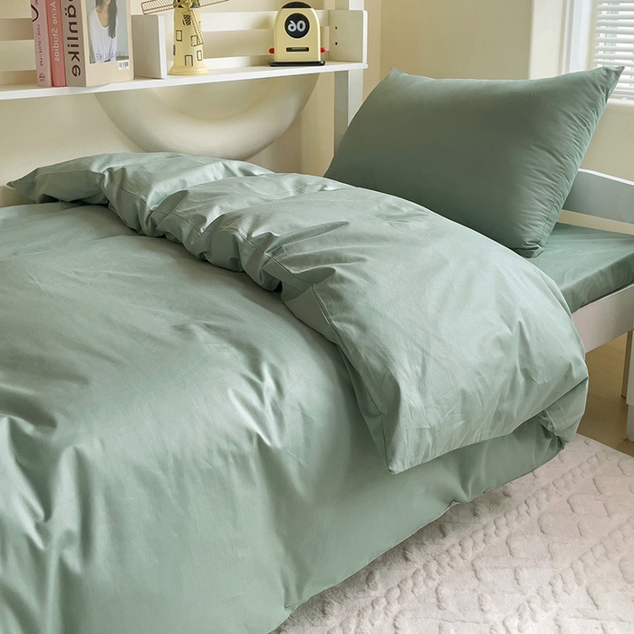 91家纺网 家纺一手货源 找家纺 泽西家纺+V17798841158发大图 2025新款A类全棉简约风大学生宿舍双拼纯色纯棉三件套 豆绿