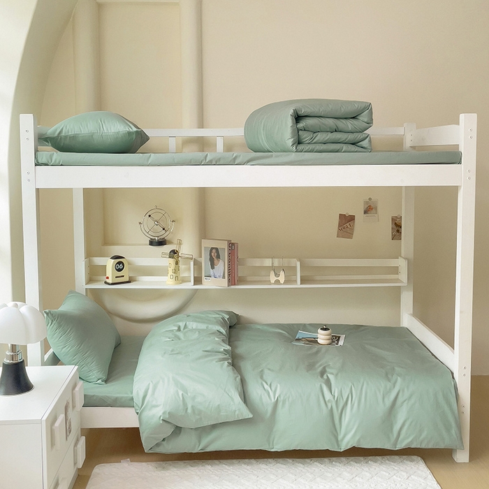 91家纺网 家纺一手货源 找家纺 泽西家纺+V17798841158发大图 2025新款A类全棉简约风大学生宿舍双拼纯色纯棉三件套 豆绿