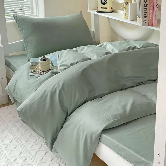 91家纺网 家纺一手货源 找家纺 泽西家纺+V17798841158发大图 2025新款A类全棉简约风大学生宿舍双拼纯色纯棉三件套 豆绿