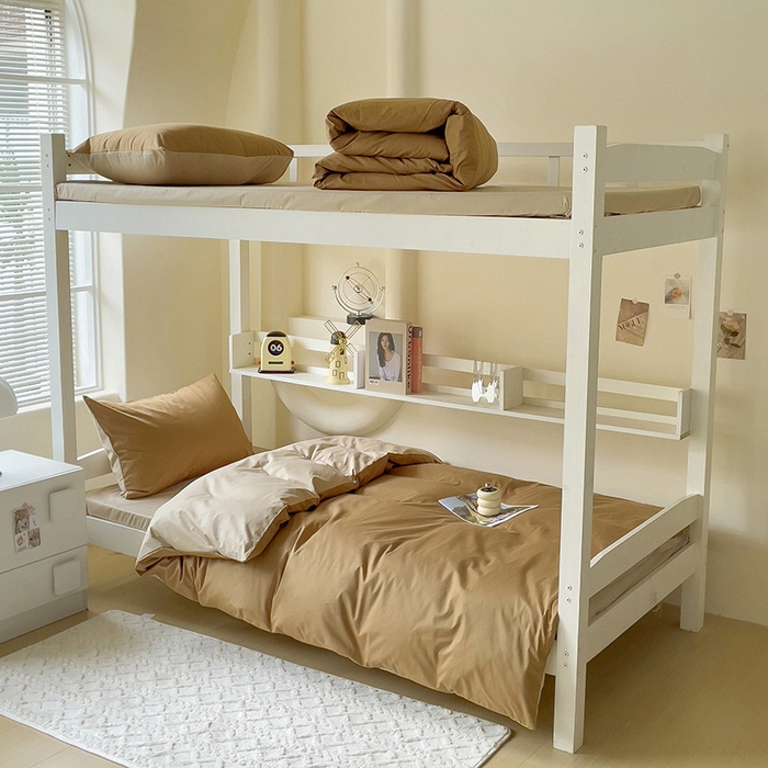 91家纺网 家纺一手货源 找家纺 泽西家纺+V17798841158发大图 2025新款A类全棉简约风大学生宿舍双拼纯色纯棉三件套 焦糖+卡其