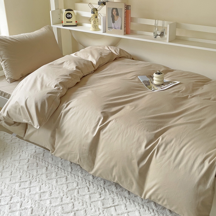 91家纺网 家纺一手货源 找家纺 泽西家纺+V17798841158发大图 2025新款A类全棉简约风大学生宿舍双拼纯色纯棉三件套 卡其