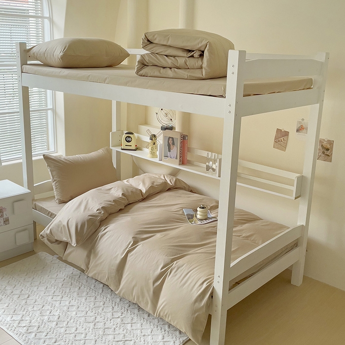 91家纺网 家纺一手货源 找家纺 泽西家纺+V17798841158发大图 2025新款A类全棉简约风大学生宿舍双拼纯色纯棉三件套 卡其